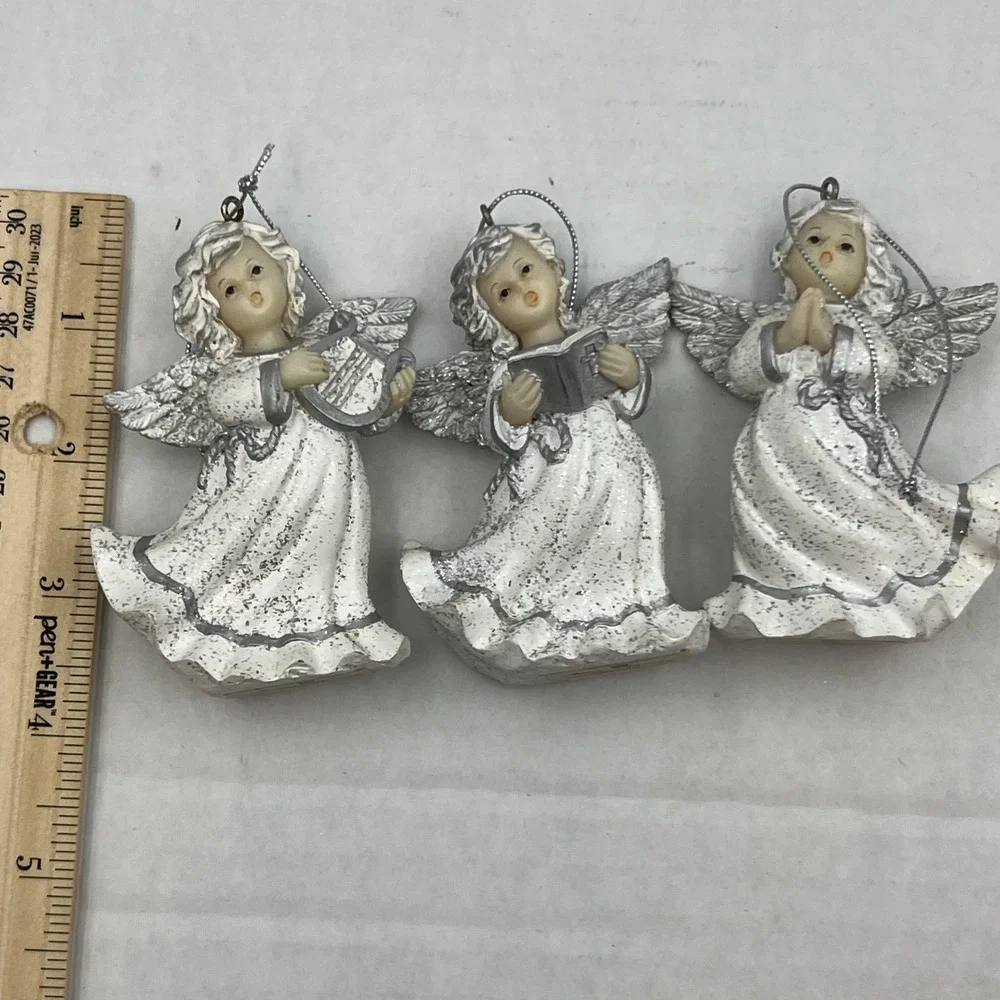 Homeco Silver and White ANGEL ORNAMENTS Set of 3 Home Interior 54037‎